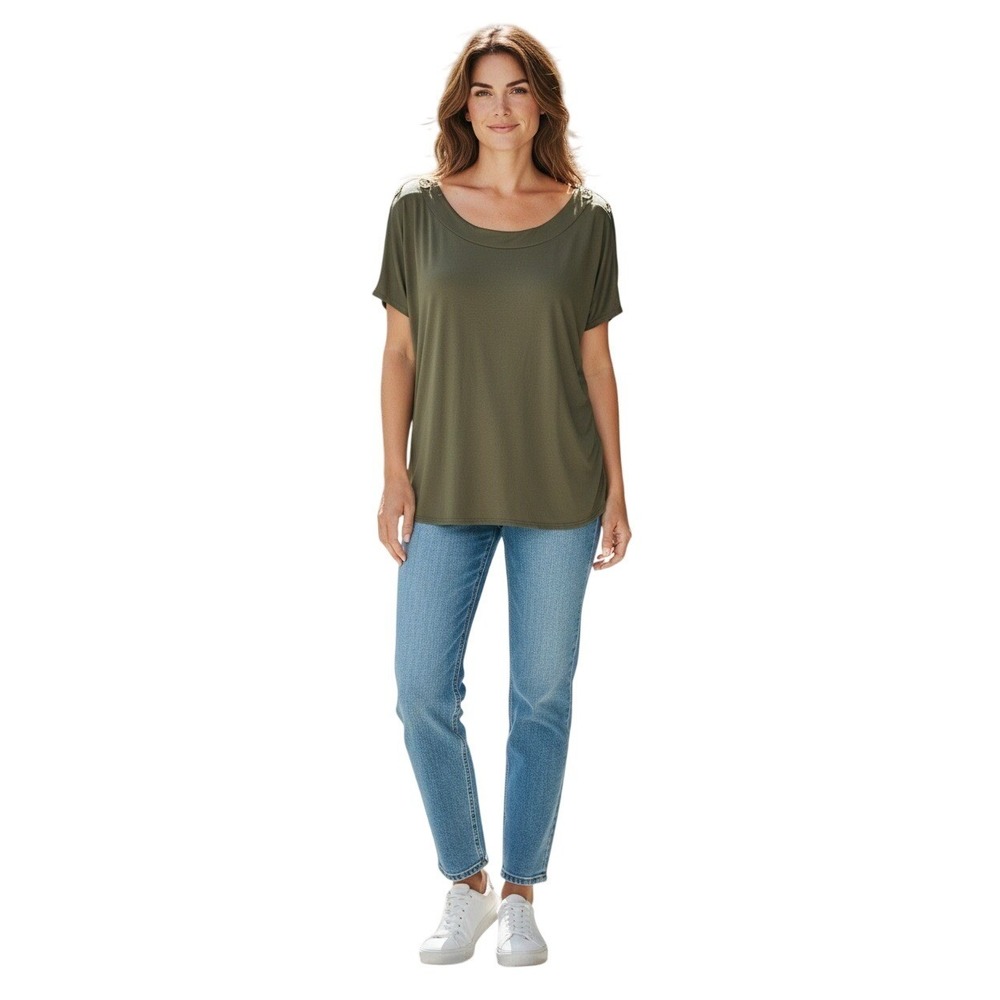 AUW Women Dark Olive Green Button Shoulder Knit Top Blouse 1X T6629032DX NEW